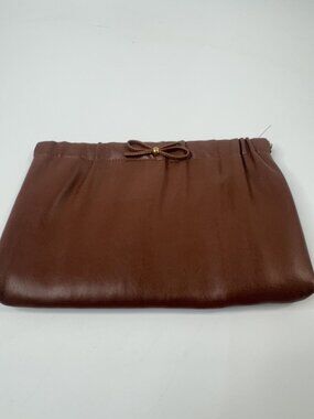 Brown Faux Leather Clutch Purse With Bow Accent & Satin Interior